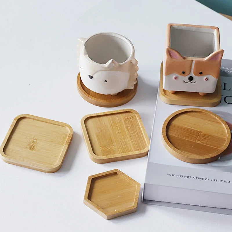 Mini Bamboo Tray Coaster – Wooden Saucer Plate for Flower Pots, Cups, and Coffee, Creative Kitchen & Home Decor Mat