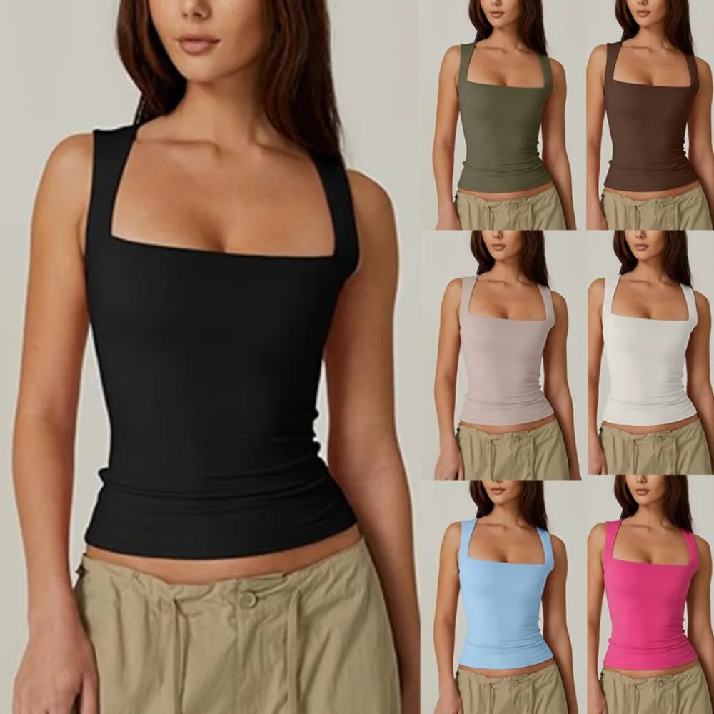 Women Square Neck Tank Top - 2025 Summer Sleeveless Double Layer Y2K Crop Top Casual Slim Fit Shirt