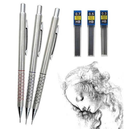 3-Pack Metal Mechanical Pencil Set 0.5mm 0.7mm 0.9mm with Eraser & HB Lead – Precision Drawing & Writing Stationery