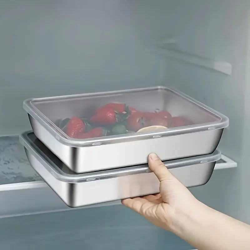 Stainless Steel Food Storage Container – Rectangular Dish with Lid for Noodles, Fruit, Lunch, and Refrigerator Organization