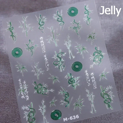 5D Gold Stamped Nail Art Stickers - Silver Sun Stars Snake Chinese Style Self-Adhesive Manicure Decals