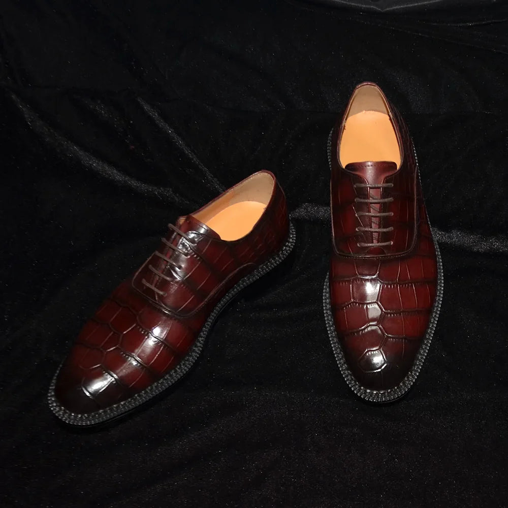 Men’s Luxury Genuine Cowhide Oxford Shoes - Height-Increasing Crocodile Pattern Wedding Dress Footwear