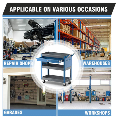AIRAJ 3-Tier Rolling Tool Cart — Heavy-Duty Metal Mechanic Utility Cart with Drawers, Wheels & Pegboard