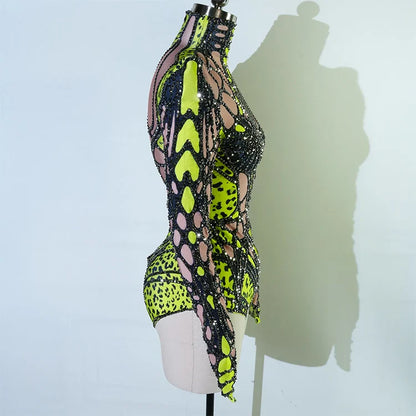 Sexy Sparkly Green Rhinestone Bodysuit – Stage Dance Costume for Party, Bar Show, Drag Queen, Cosplay & Halloween