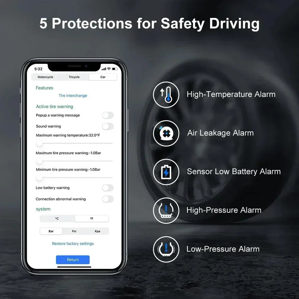 Motorcycle Bluetooth-Compatible TPMS – External Tire Pressure Sensors for Android/IOS Car Monitoring System