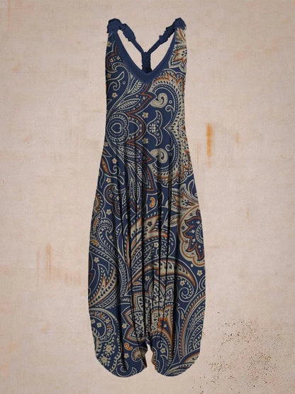 Bohemian Wide Leg Jumpsuit - Vintage Mandala Paisley Print Loose Fit Backless Women Harem Romper