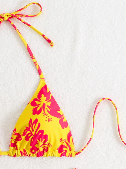 Retro Floral Print Bikini Set - Women's High Waisted Lace Up 2 Piece Summer Swimsuit Beachwear
