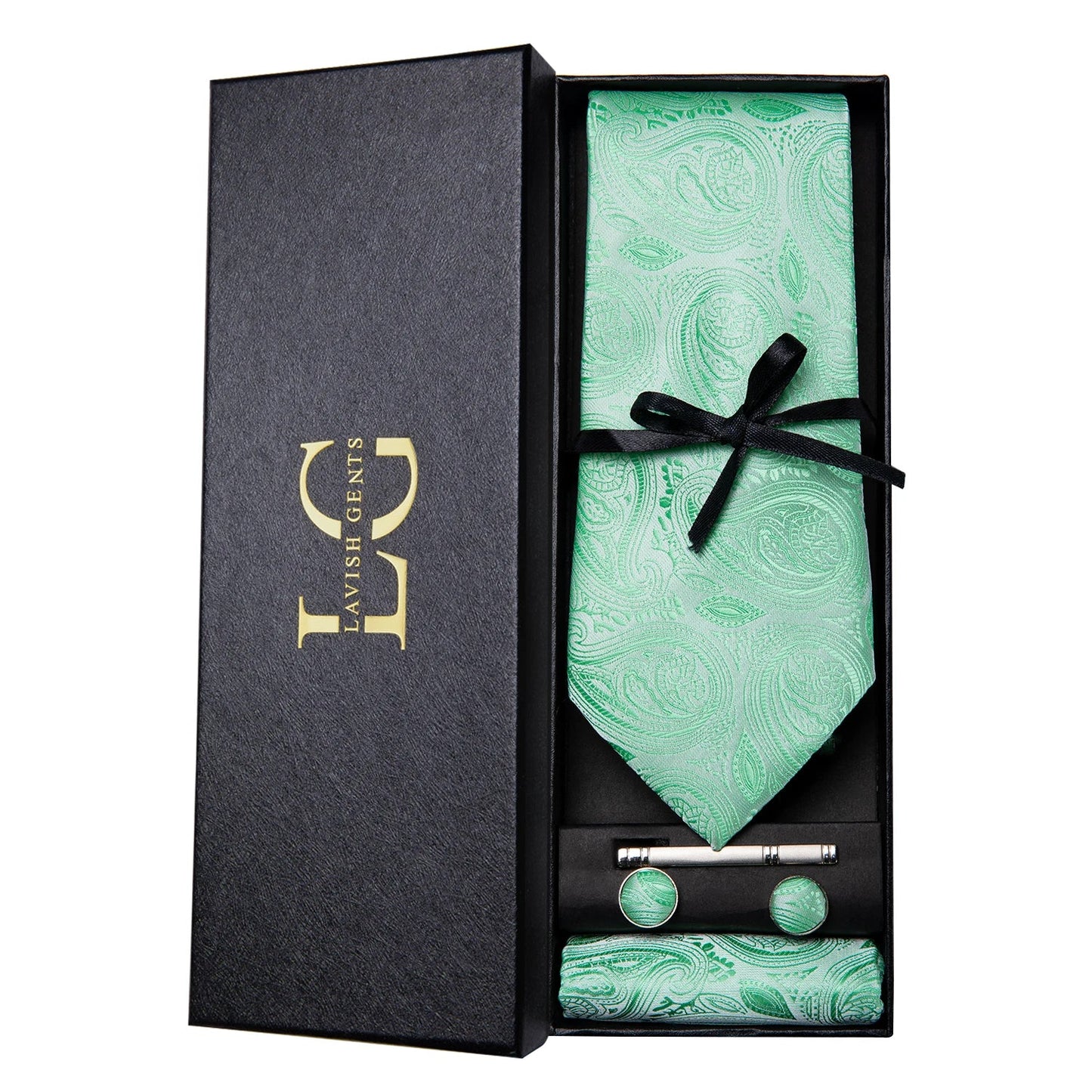 Hi-Tie Luxury Paisley Teal Green Tie Set - Men’s Classic Necktie with Handkerchief & Cufflinks Gift Box for Wedding & Formal Wear