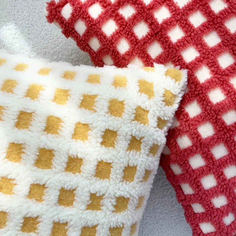 BUYNOW Plush Grid Pillowcase - Cute Decorative Sofa Cushion Cover for Living Room Home Decor