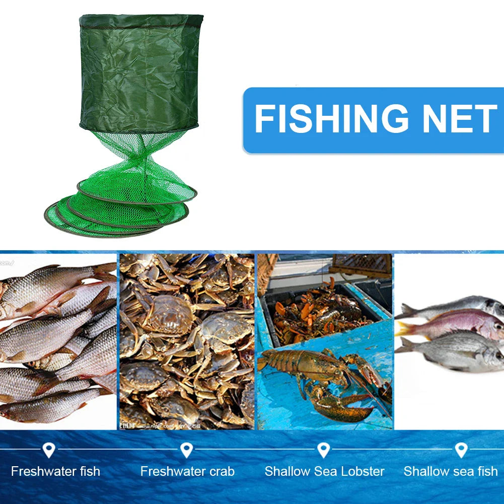 Portable Folding Nylon Mesh Fish Cage – Steel Ring Trap Net Basket for Fishing Storage & Accessories