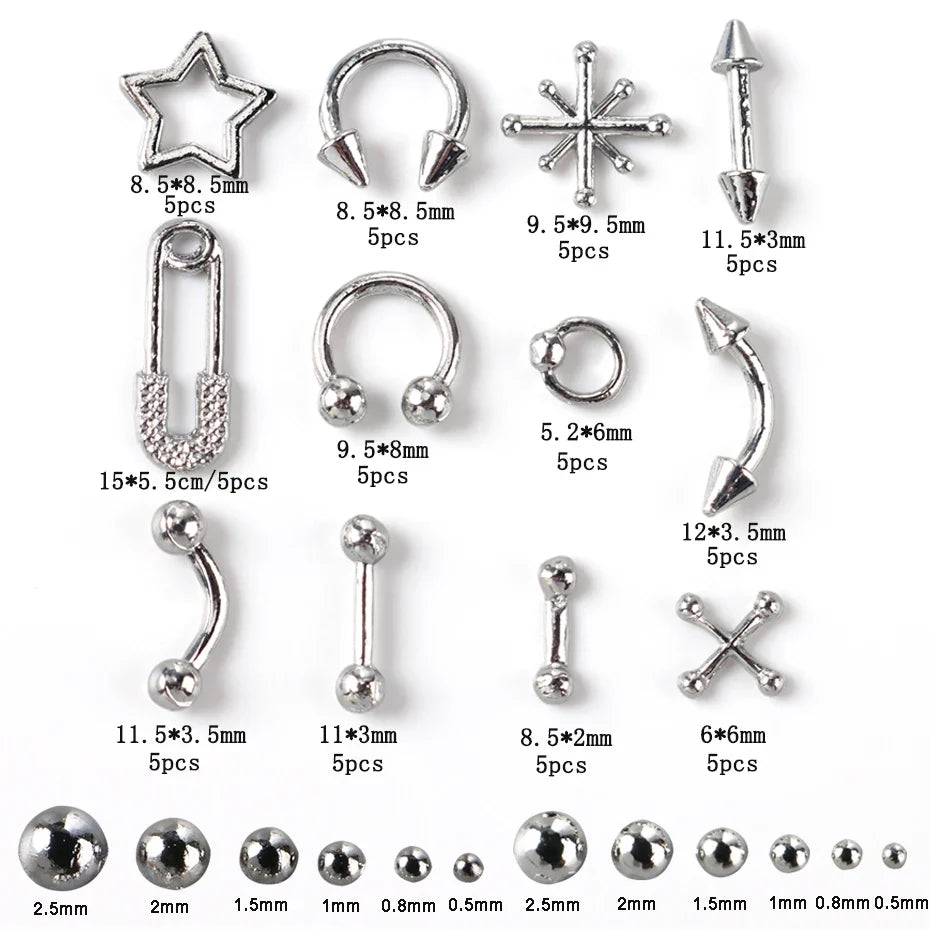 12-Grid Gothic Nail Charms - Silver Punk Metal Studs Rivets Y2K Grunge DIY Nail Art Decorations