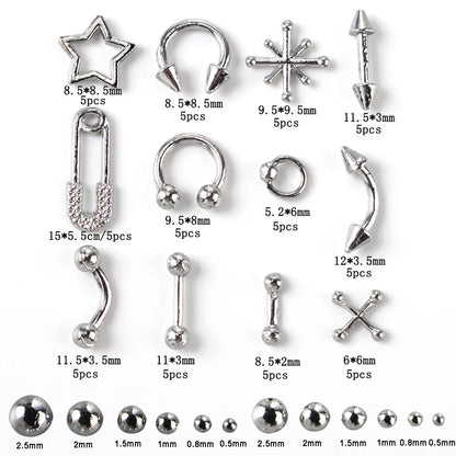 12-Grid Gothic Nail Charms - Silver Punk Metal Studs Rivets Y2K Grunge DIY Nail Art Decorations