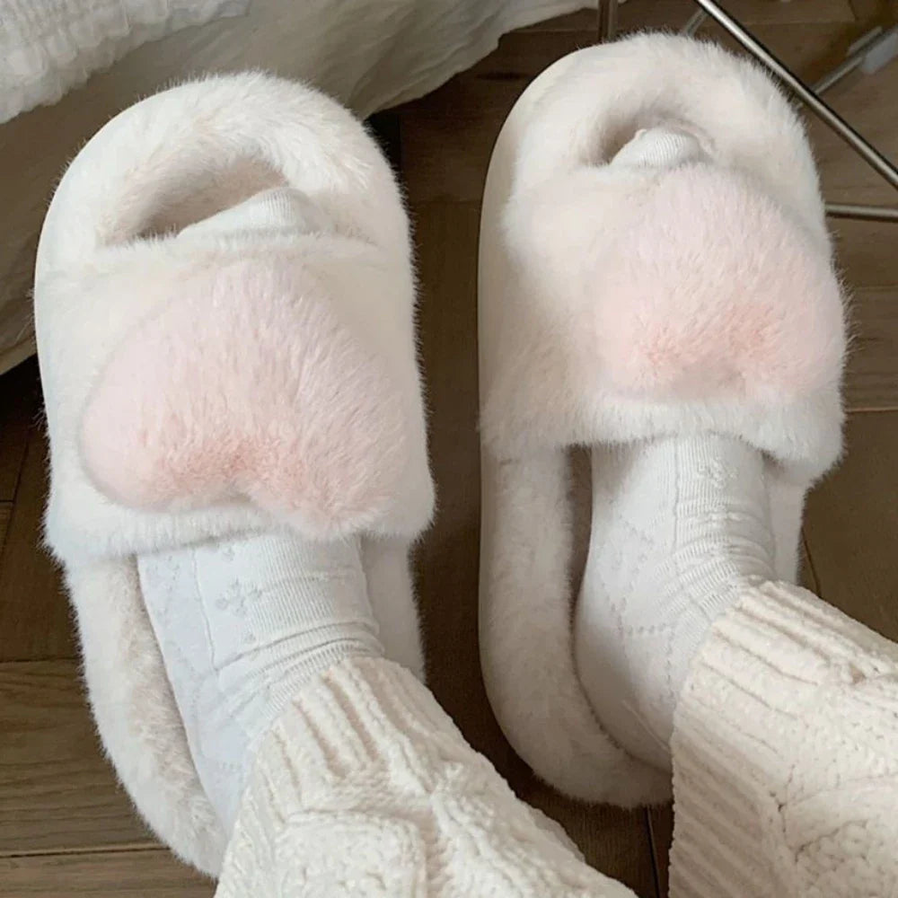 3D Love Single Band Women’s Winter Slippers – Soft Heel Platform, Warm & Fluffy Indoor Home Shoes
