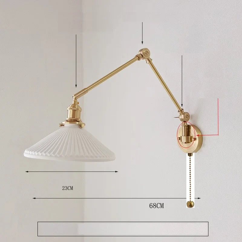 IWHD 2022 Ceramic Copper LED Wall Lamp — Adjustable Swinging Long Arm Light for Bedroom & Living Room
