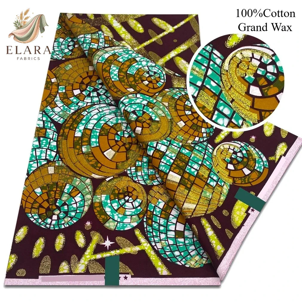 Grand Super African Wax Fabric - 100% Cotton Nigerian Glitter Glam Gold Ankara Print for Sewing