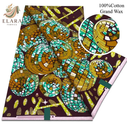 Grand Super African Wax Fabric - 100% Cotton Nigerian Glitter Glam Gold Ankara Print for Sewing