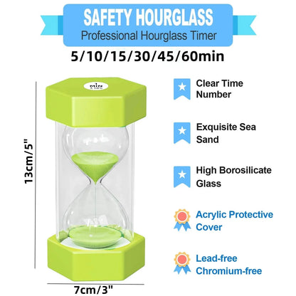 Hexagonal Sand Clock Hourglass Timer - 5/10/15/30/45/60 Minutes - Durable, Drop-Resistant for Games, Kitchen, Decor - Ideal Kid's Gift