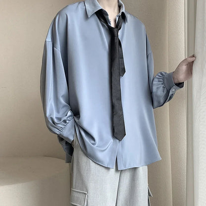 Men’s  Oversized Shirt - Loose Fit Long Sleeve Casual Black Tie Breathable Harajuku Top