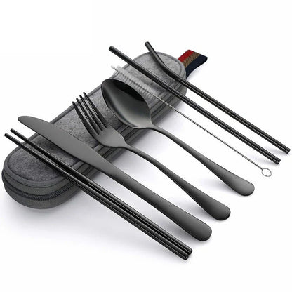 8-Piece Reusable Travel Cutlery Set — Stainless Steel Spoon, Fork, Chopsticks & Straw with Portable Case