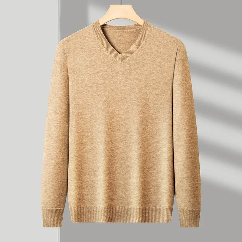Men's V-Neck Knit Sweater - Solid Color Warm Elastic Oversized Autumn Pullover Casual Top