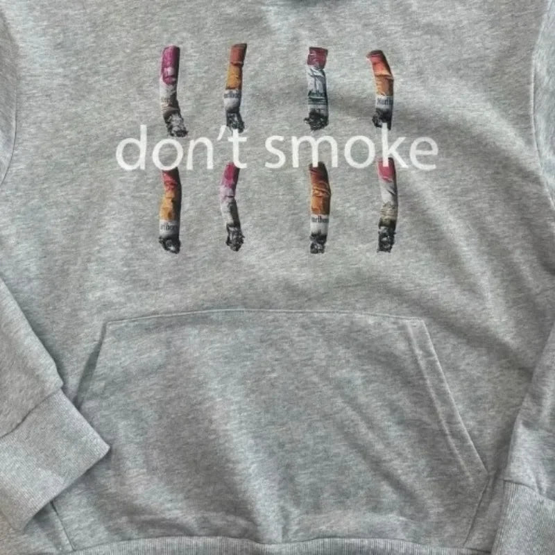 Y2K Gray Sports Hoodie — Retro Smoke Print Sweater, Unisex Vintage Hip Hop Streetwear Loose Jacket