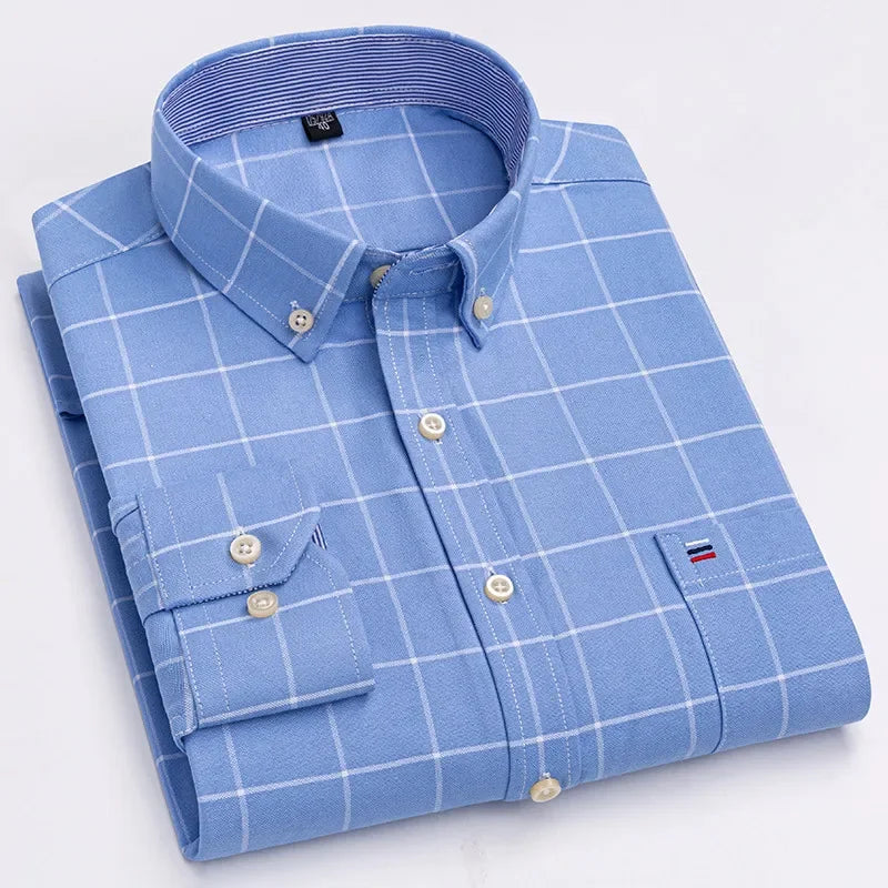 Men’s Cotton Oxford Shirt - Smart Casual Long Sleeve Plaid Print Dress Shirt, Regular Fit up to 6XL