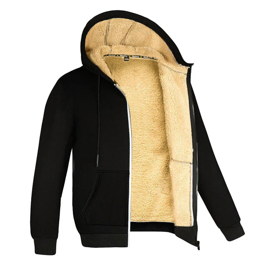 Winter Lambswool Jacket for Men & Women - Thick Warm Fleece Coat with Long Sleeves, Zipper Hoodie, Casual Sports Style, Black