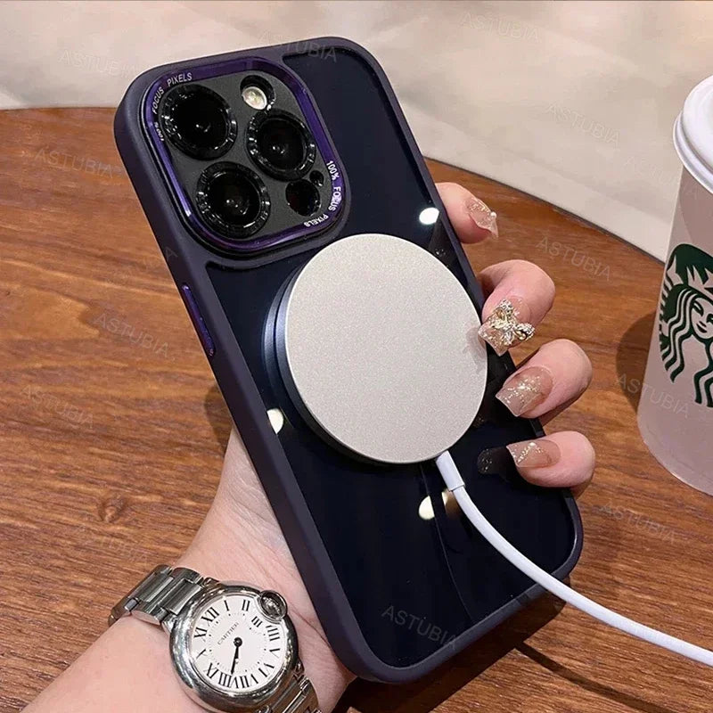 Luxury Magnetic Metal Lens Case – Hard Clear Protective Cover for iPhone 16, 15, 14, 13, 12, 11 Pro Max with Wireless Charging