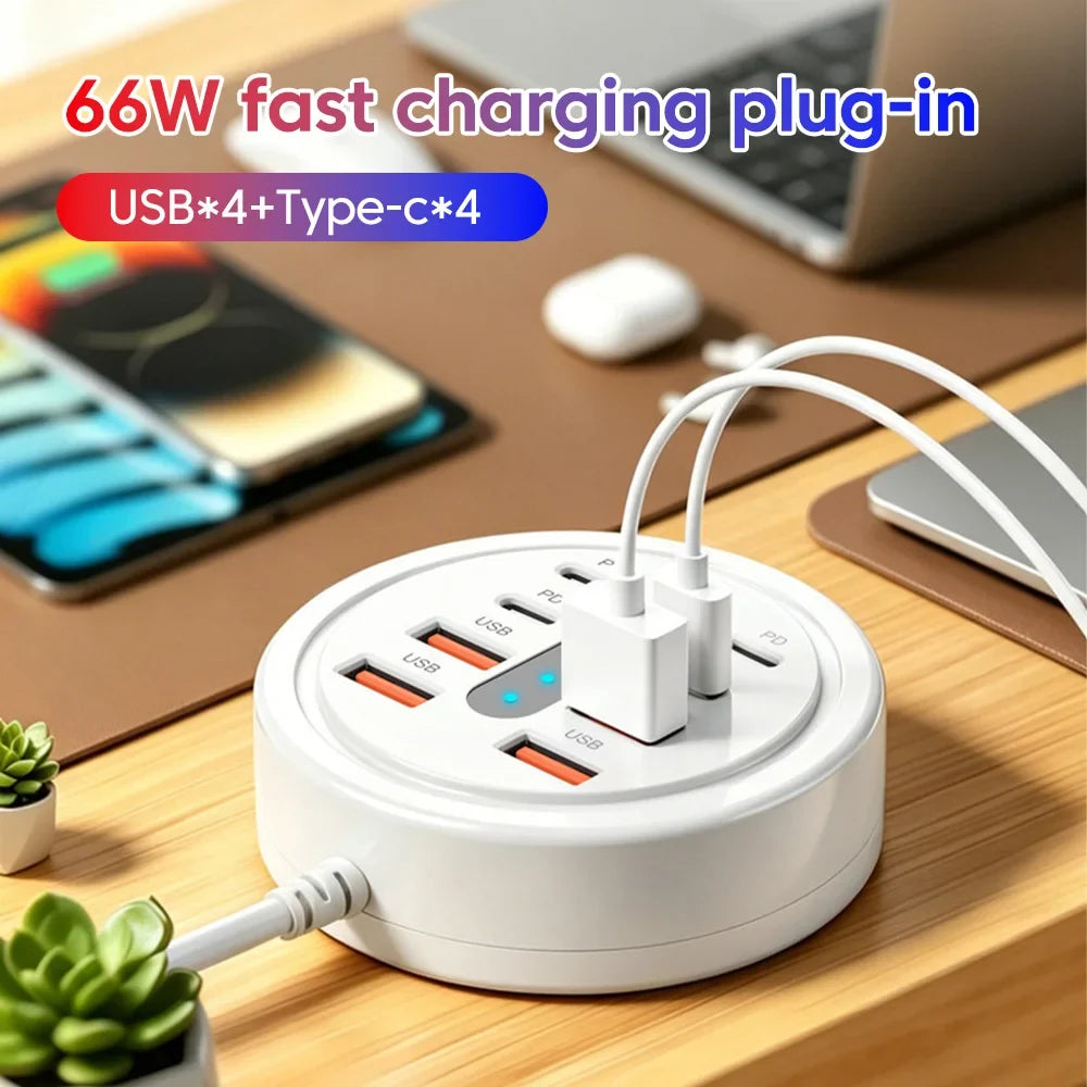 8-Port 66W Desktop Charging Station - 4 USB + 4 USB-C Fast Charger for Home & Travel