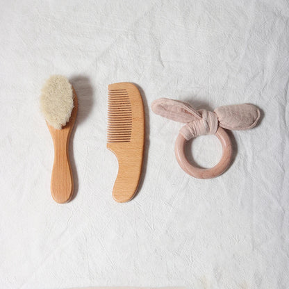 Baby Hair Care Gift Set - Natural Wool Brush, Wooden Comb, Bib and Pacifier Clip for Newborns