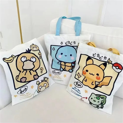 Pokemon Canvas Shoulder Bag - Pikachu Psyduck Squirtle Large Capacity Reusable Casual Handbag for Women Shopping