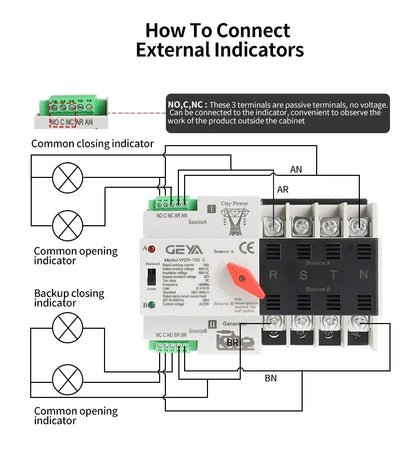 GEYA W2R Dual Power Automatic Transfer Switch - 110V 220V Household ATS Circuit Switch 63A 100A 50/60Hz Backup Power Controller