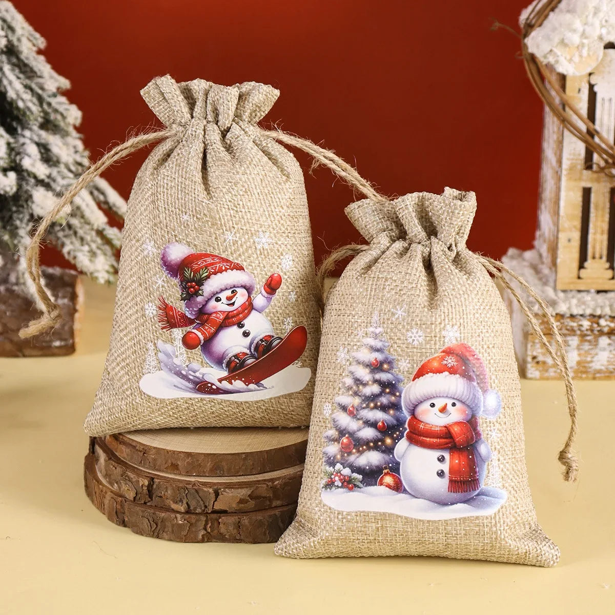 6pcs Christmas Linen Drawstring Gift Bags - Burlap Candy Biscuit Pouches for Holiday Decor & Xmas Gift Packaging