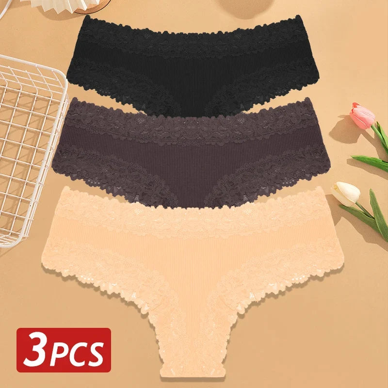 3PCS Women’s Cotton Lace Panties Set - Low Waist Brazilian Bikini Underwear Soft Floral Lingerie T-Back Style