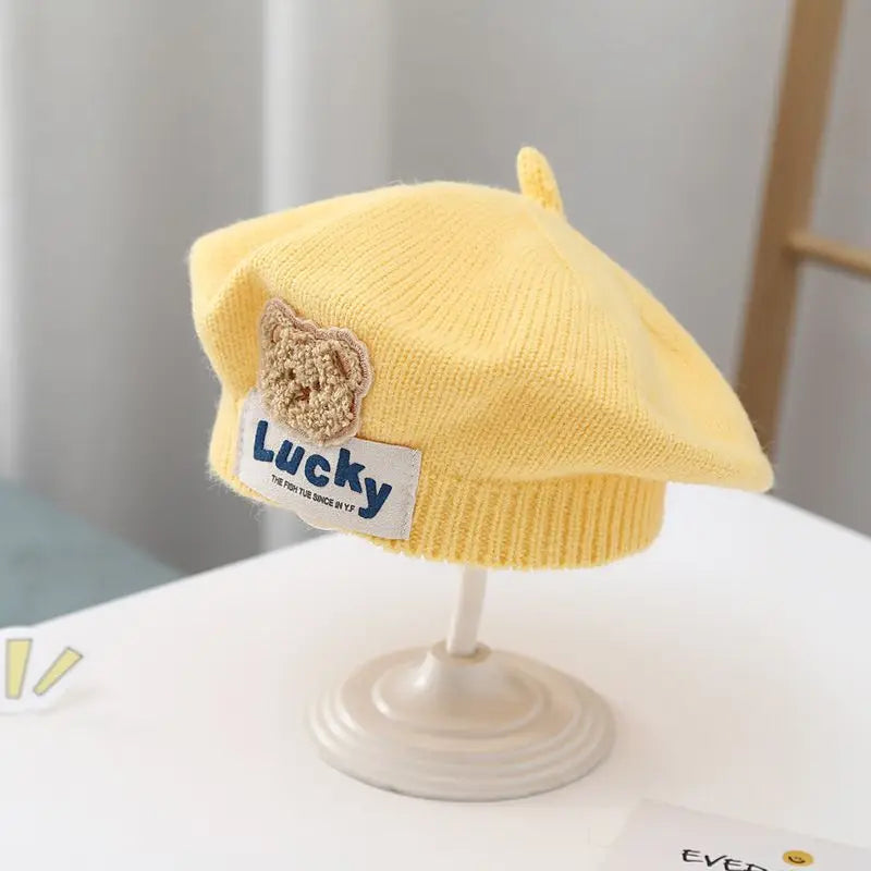 Flower Baby Beret Hat – Winter Warm Knitted Beanie for Infant & Toddler Girls, Korean Princess Artist Painter Cap Solid Color