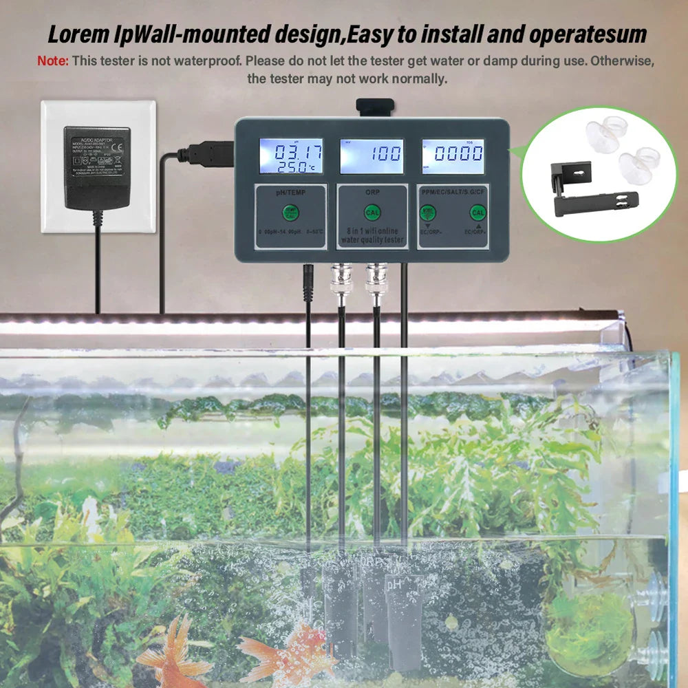 Tuya WiFi 8 in 1 Water Quality Tester – S.G, PH, EC, ORP, TDS, CF, Salt, Temp Analyzer for DIY Water Monitoring