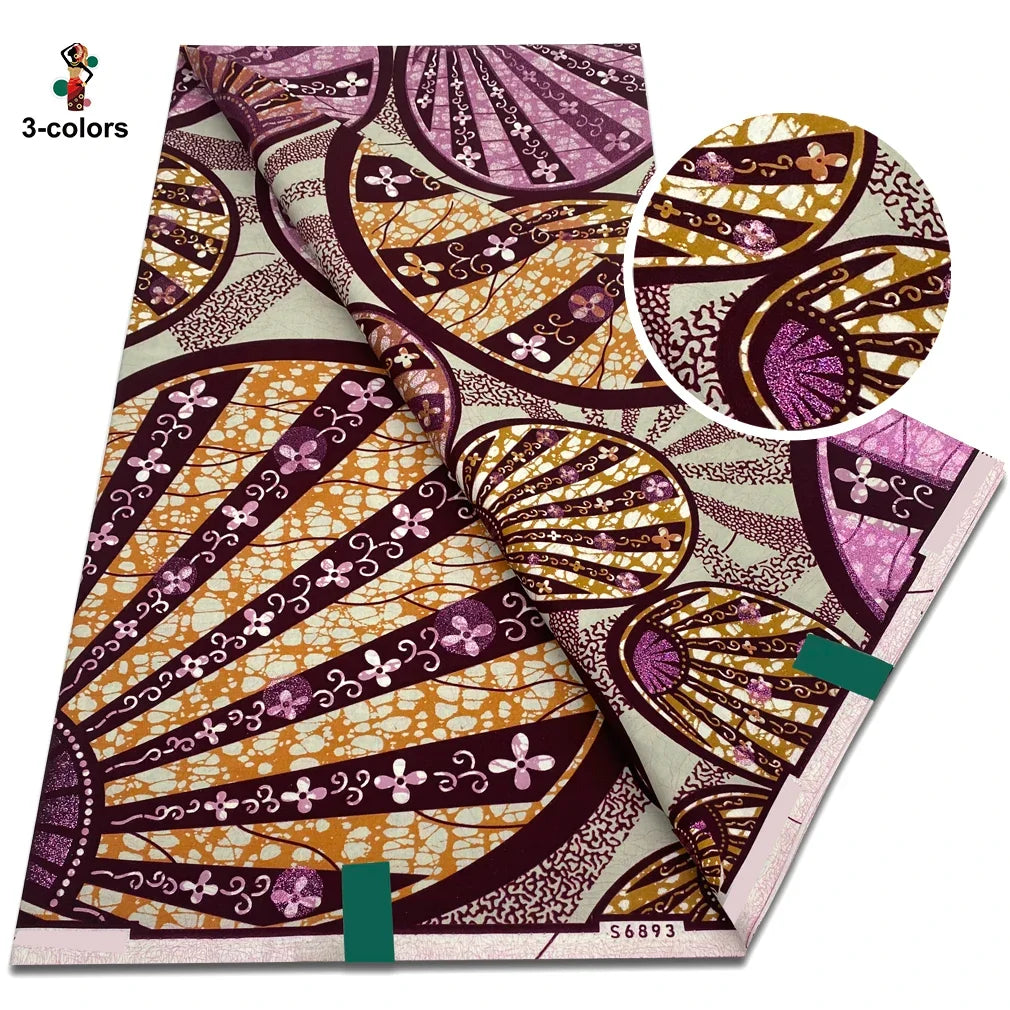 2026 African Glitter Glam Wax Fabric - 100% Cotton Golden Ankara Print 6 Yards