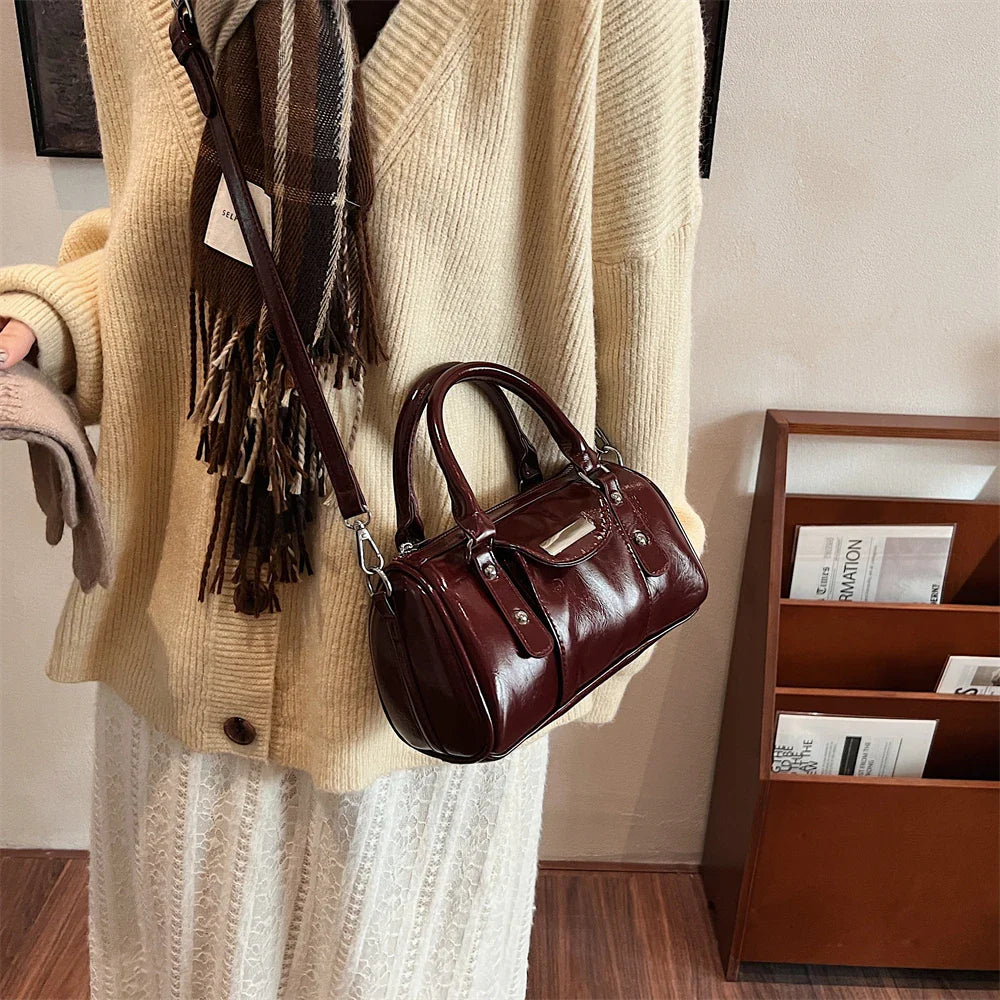 Burgundy Mini Top-Handle Bag for Women — PU Leather Shoulder & Crossbody Handbag 2024 Luxury Designer