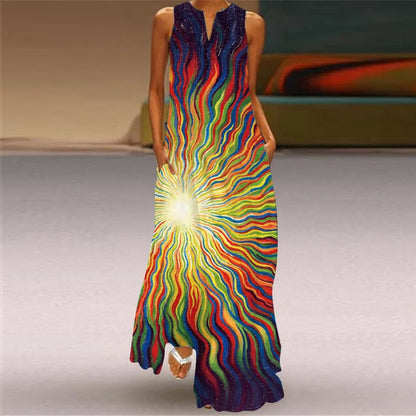 Vintage Boho Maxi Dress - Women's Summer V Neck Sleeveless Long Sundress with Pockets