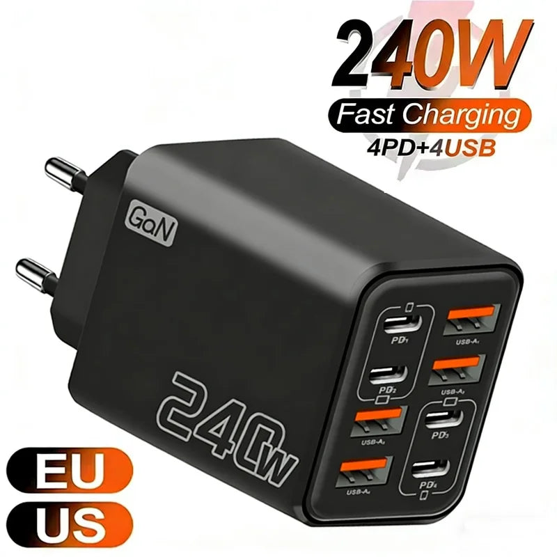 240W GaN USB C Charger - 8-in-1 Fast Charging Power Adapter for iPhone Samsung Xiaomi Devices