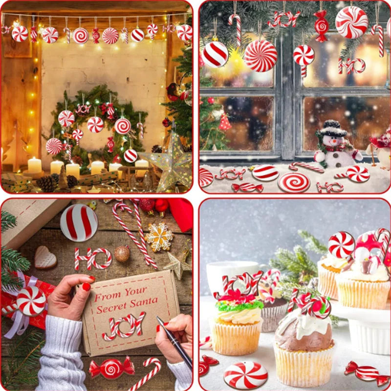 12PCS Wooden Christmas Candy Ornaments – Red & White Hanging Decorations for Tree, Home & New Year Party