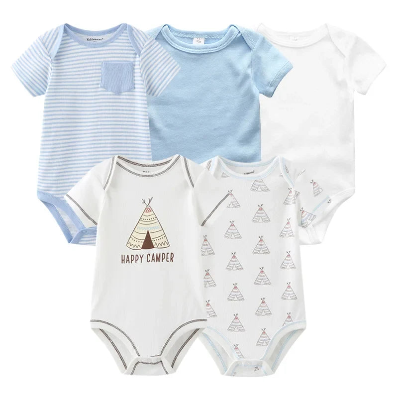 5PCS Newborn Baby Bodysuit Set - Soft Cotton Unisex Baby Clothes with Cartoon Print for Boys & Girls
