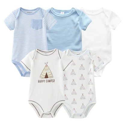 5PCS Newborn Baby Bodysuit Set - Soft Cotton Unisex Baby Clothes with Cartoon Print for Boys & Girls