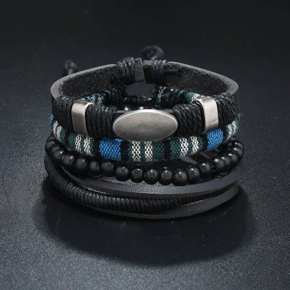 4Pcs Men's Braided Leather Bracelets Set – Vintage Life Tree & Rudder Charms, Wood Beads, Ethnic Tribal Wristbands