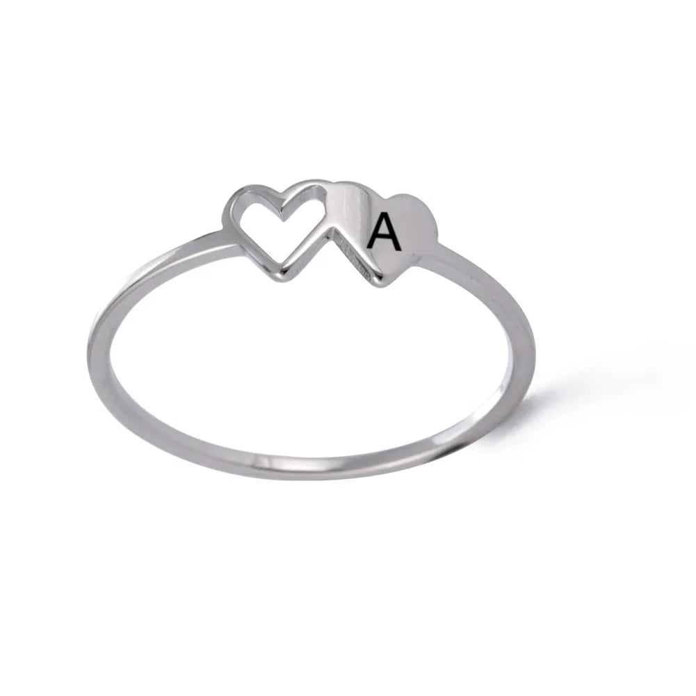 HIPEE Stainless Steel Letter Ring - A-Z Alphabet Double Heart Hollow Charm Ring for Women Wedding Jewelry Gift