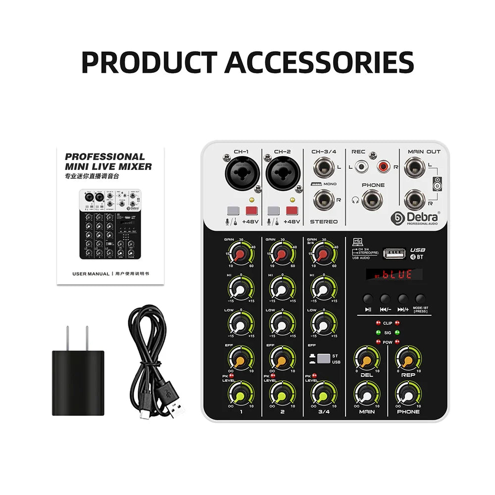 Debra V8 8-Channel Audio Mixer – Bluetooth & USB Mixer with 48V Phantom Power, Delay/Repeat Effects for PC Recording & Sound Console