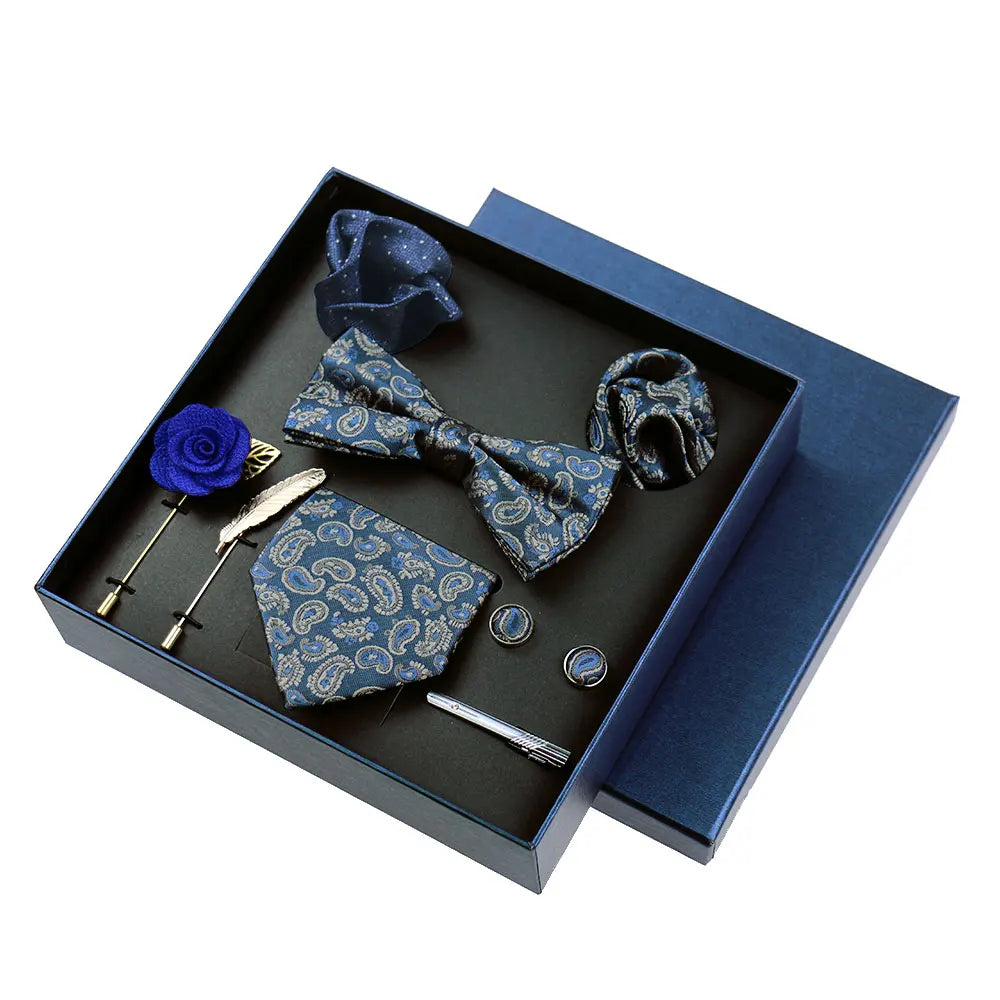 Men’s Luxury Silk Tie Set - 8cm Wedding Necktie with Bowtie, Pocket Square, Cufflinks & Floral Gift Box Accessories