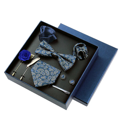 Men’s Luxury Silk Tie Set - 8cm Wedding Necktie with Bowtie, Pocket Square, Cufflinks & Floral Gift Box Accessories