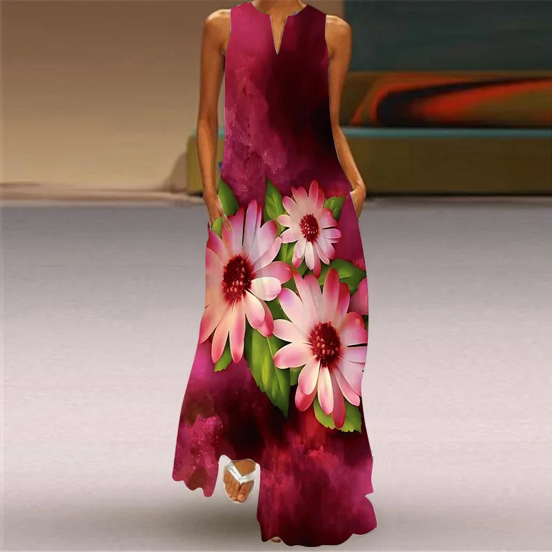 Vintage Boho Maxi Dress - Women's Summer V Neck Sleeveless Long Sundress with Pockets