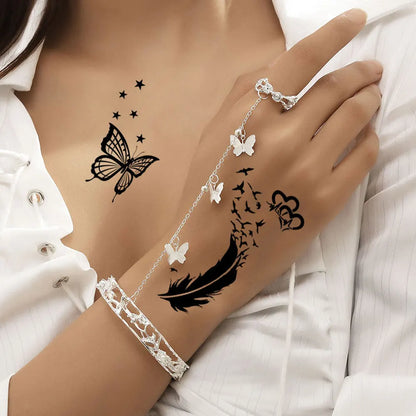 30pcs Black Temporary Tattoo Stickers - Flower Butterfly Rose Moon Star Mandala Designs for Hand, Chest & Body Art